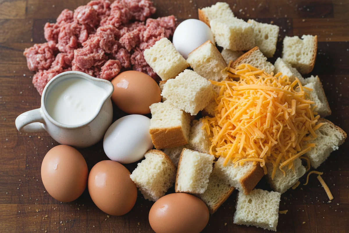 Overhead view of the ingredients for a Christmas breakfast casserole laid out on a countertop.