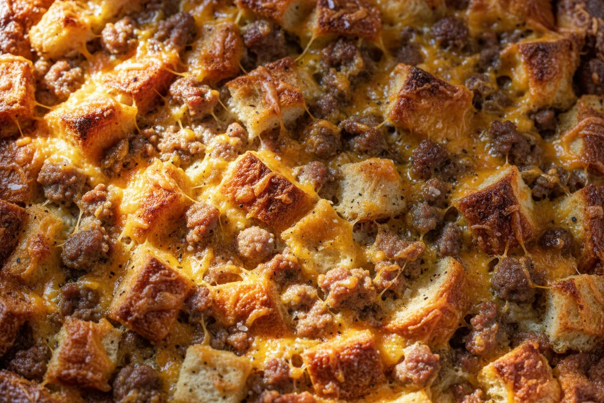 A baking dish filled with the sausage and egg mixture before it has been baked.