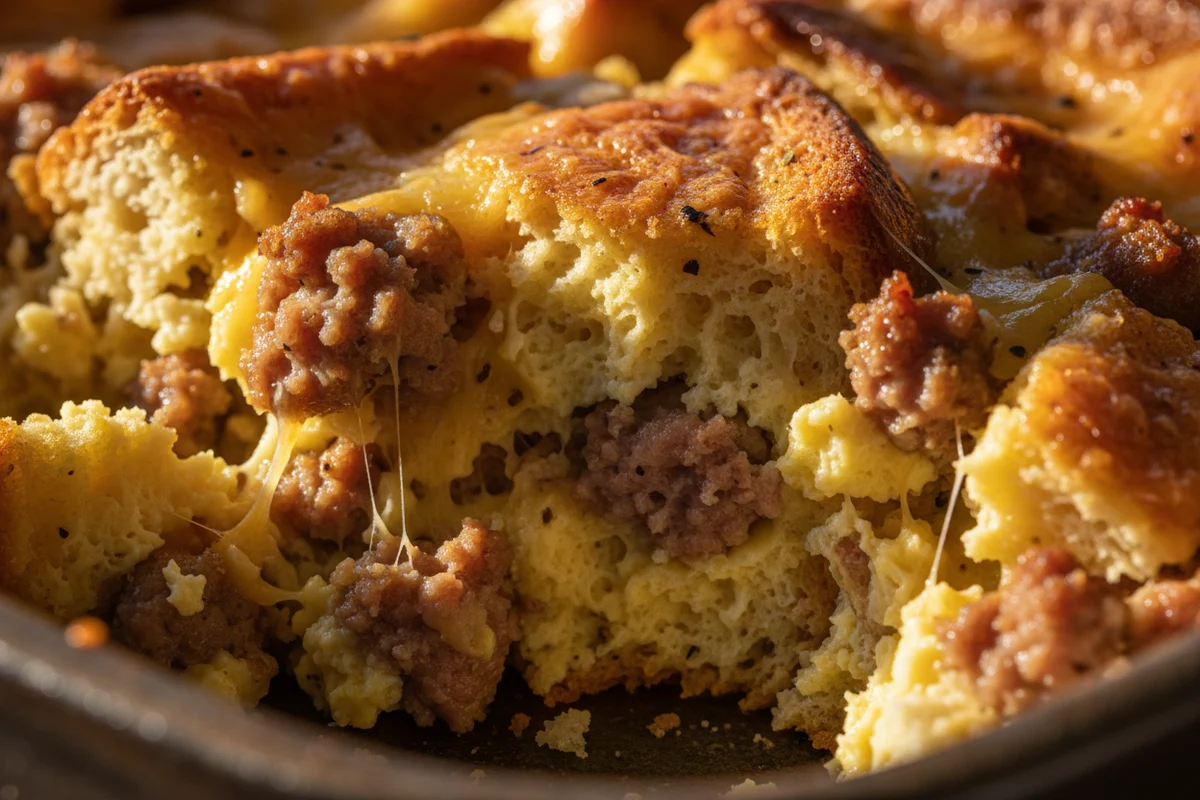 A slice of the finished breakfast casserole on a white plate, ready to be eaten.