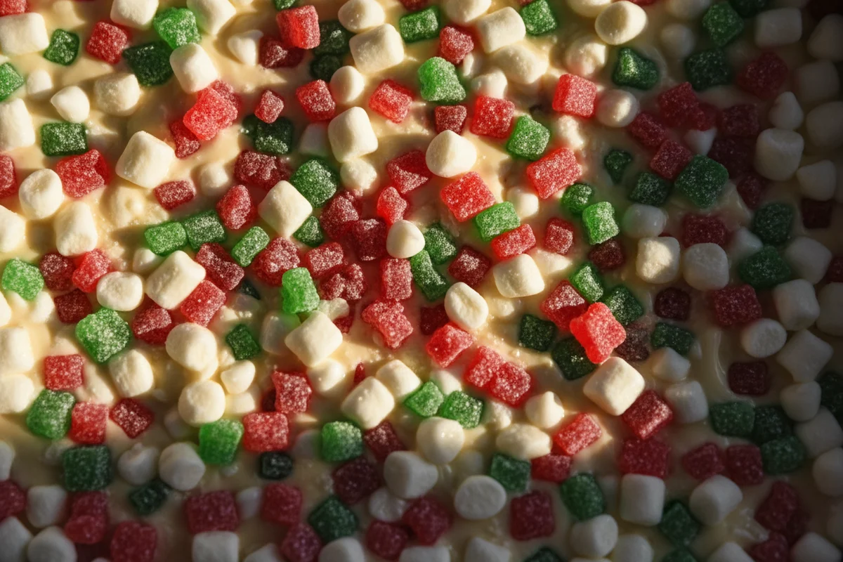 Chopped red and green gumdrops being folded into a white, creamy candy mixture in a bowl.