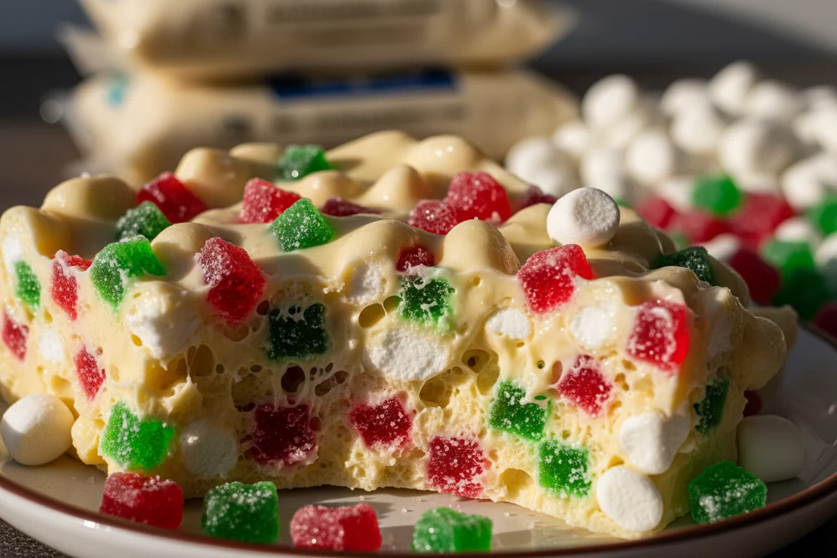 A close-up of several squares of white Christmas candy with colorful candy pieces inside.