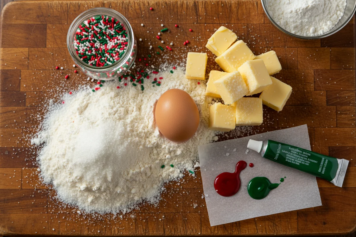 Overhead view of bowls containing flour, sugar, and other cookie ingredients before mixing.