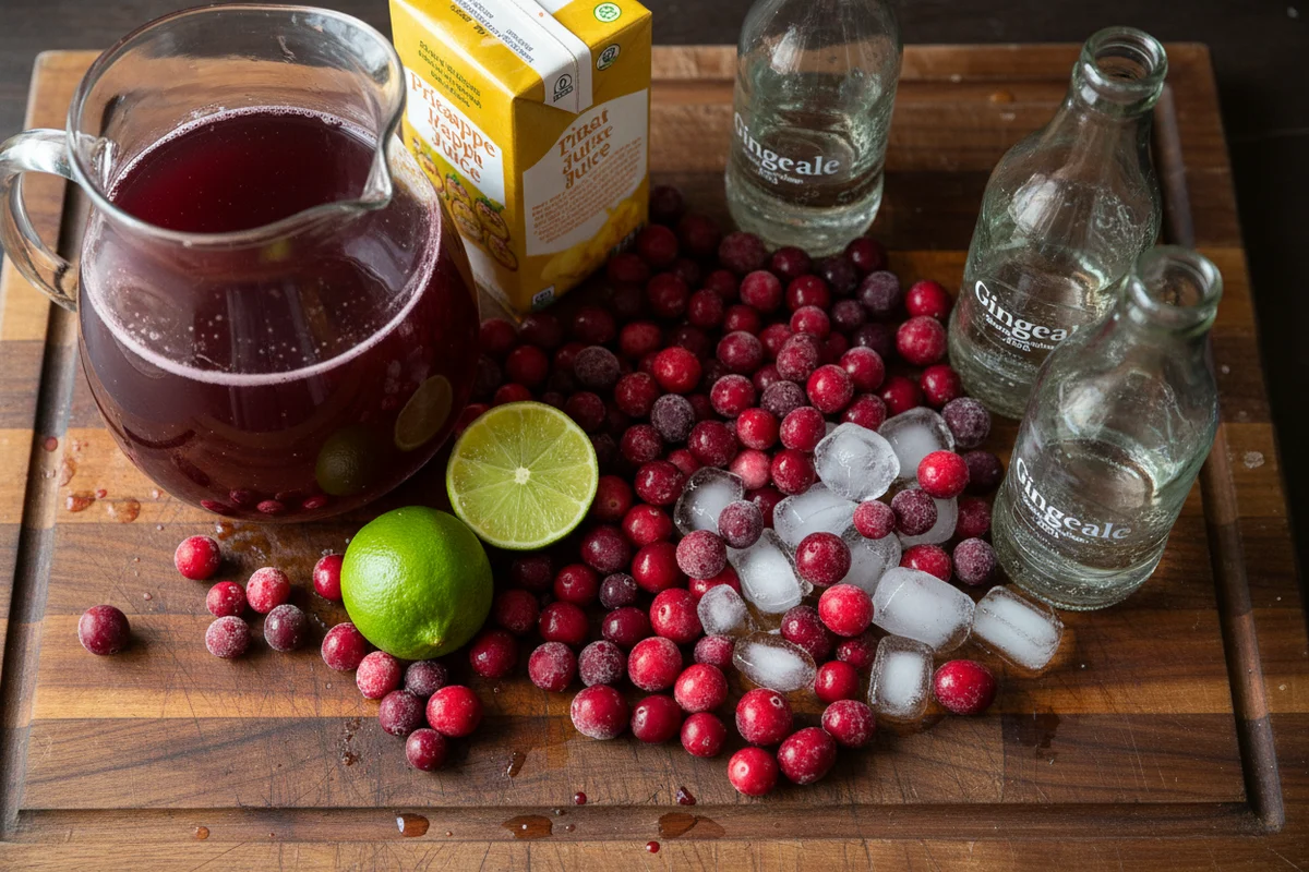 A glass punch bowl filled with red holiday punch and floating cranberries.