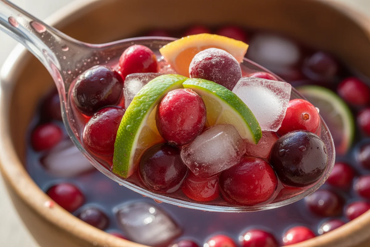A hand pouring ginger ale from a bottle into a punch bowl with red juice.