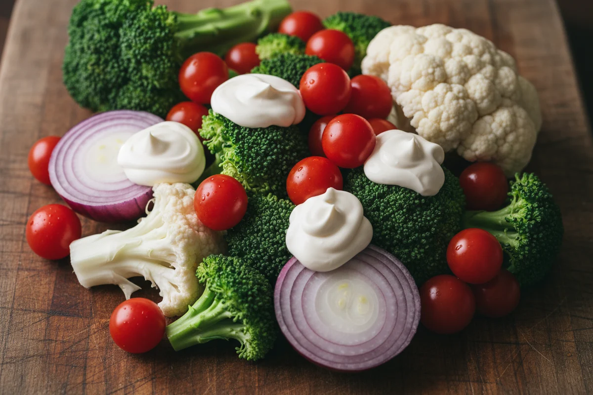 A large glass bowl filled with Christmas salad showing broccoli, cauliflower, and tomatoes.