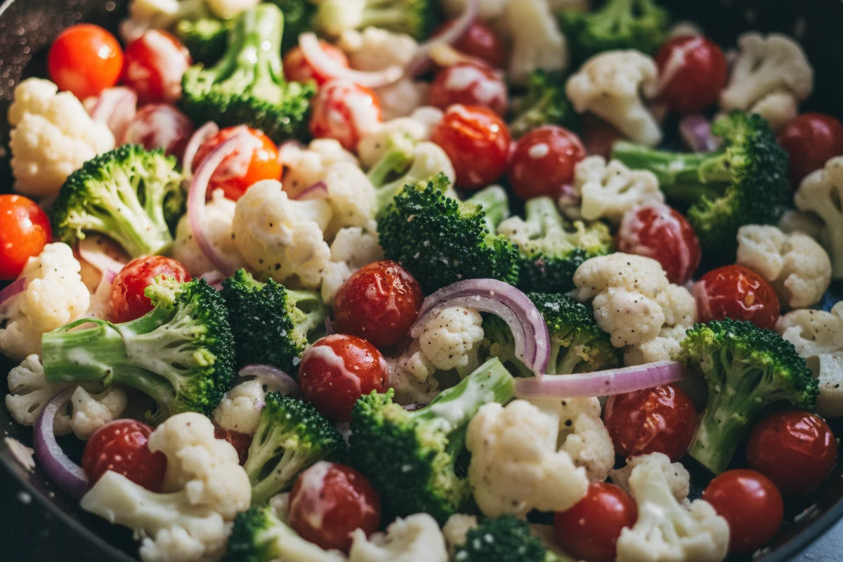 An overhead shot of a creamy broccoli and cauliflower salad in a white serving bowl.