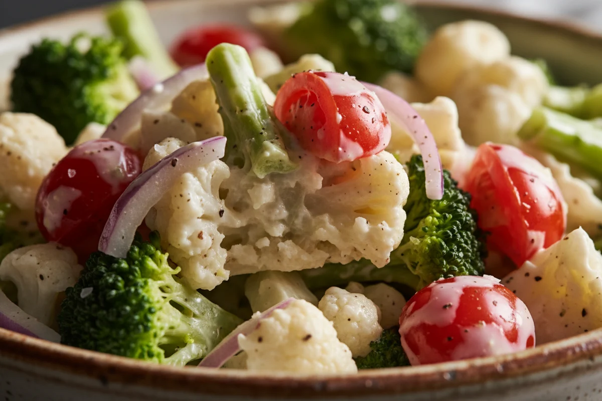 A close-up of the Christmas salad with its creamy dressing coating the colorful vegetables.