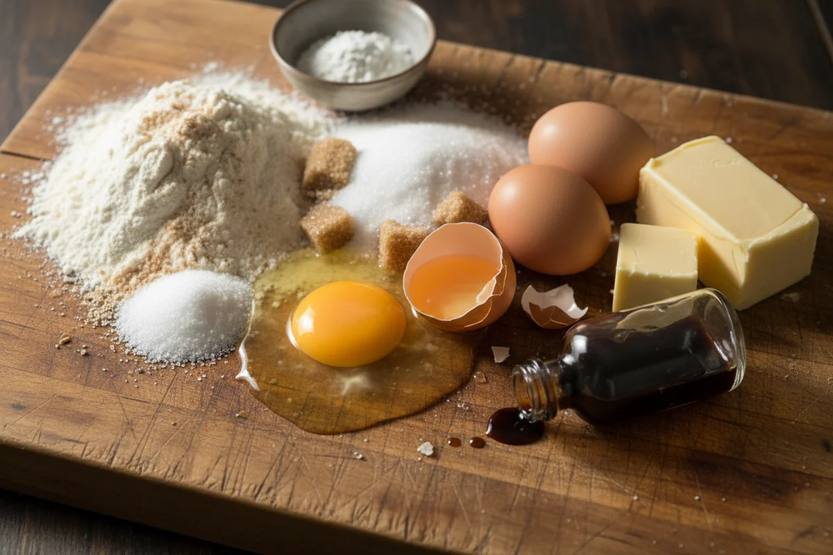 A bowl of flour, a stick of butter, sugar, and an egg for making cookies.