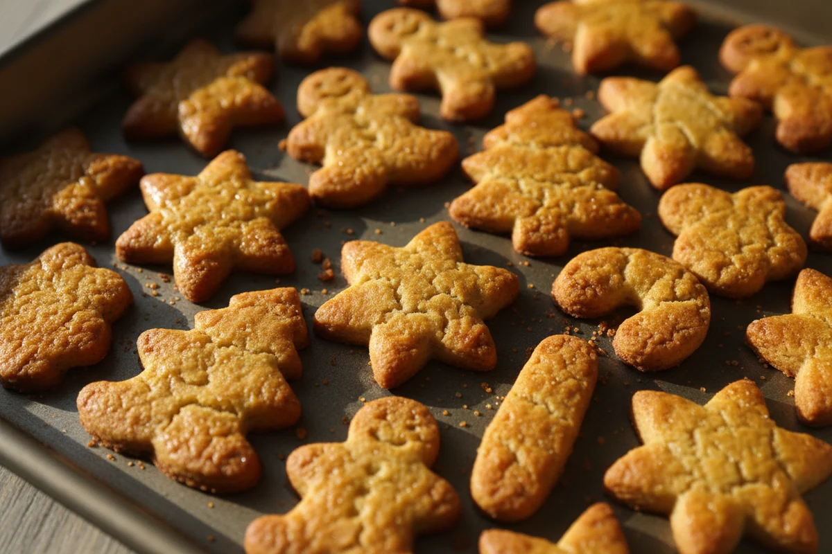 Dough being rolled out with a wooden rolling pin next to star-shaped cookie cutters.