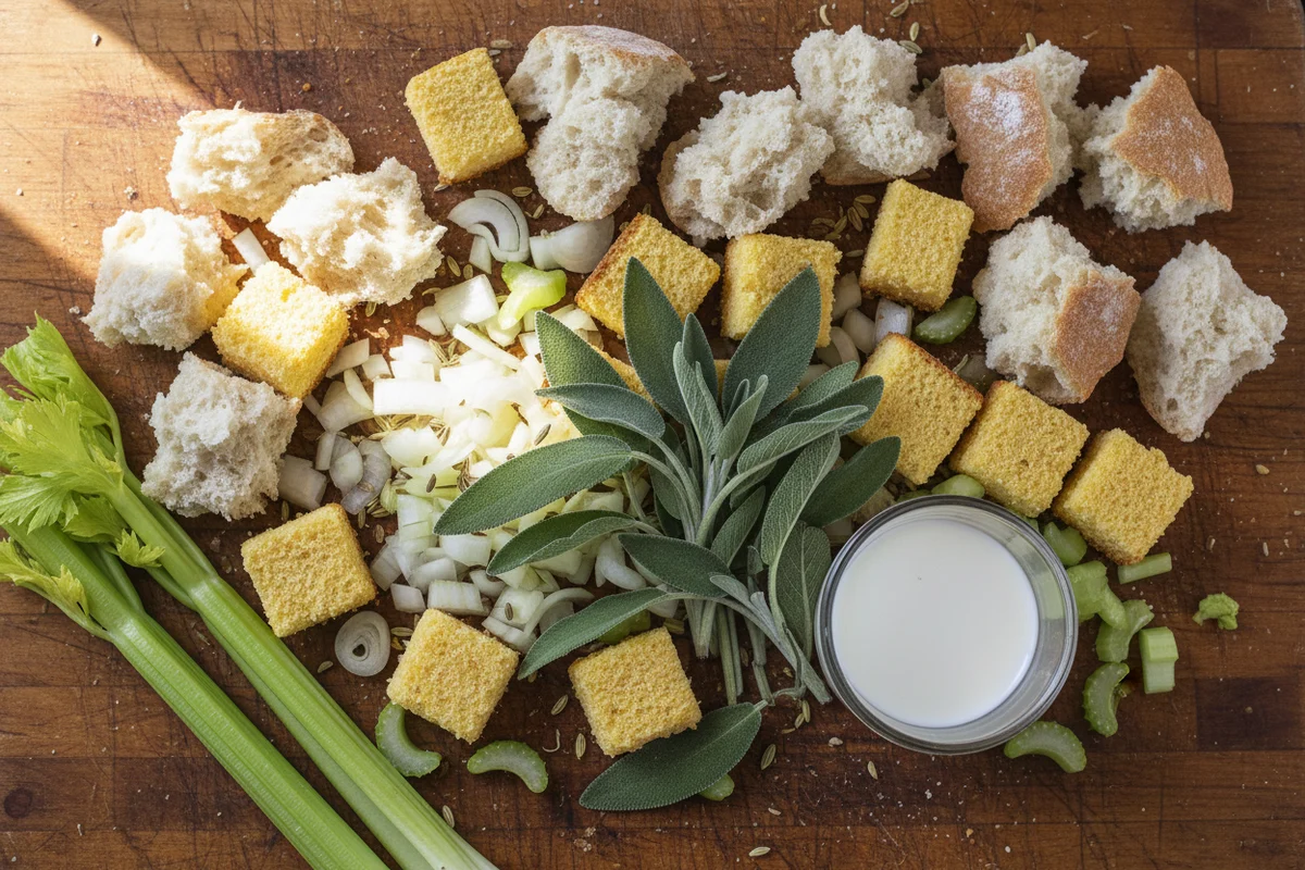 A bowl of baked Thanksgiving stuffing with a golden-brown top, garnished with crispy sage.
