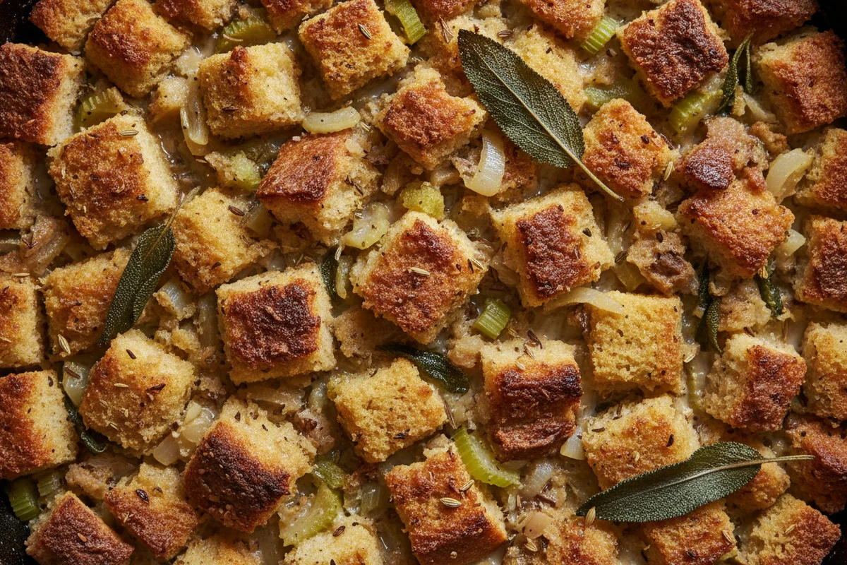 Overhead view of ingredients for stuffing, including bread cubes, milk, butter, and chopped vegetables.