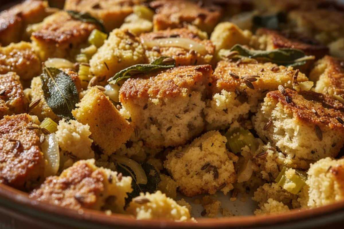 A hand uses a spoon to gently mix bread cubes with a savory milk mixture in a bowl.