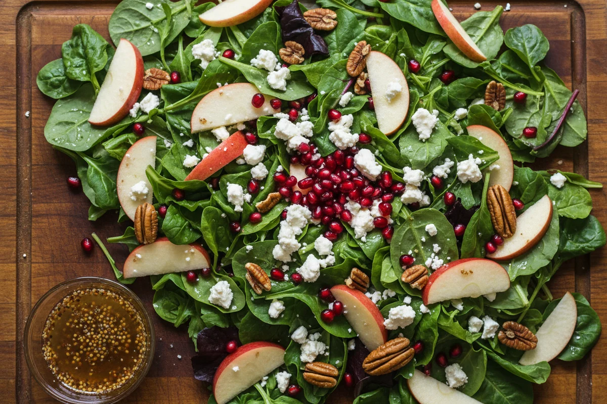 A large bowl of Thanksgiving salad with apple slices and pecans on a wooden table.
