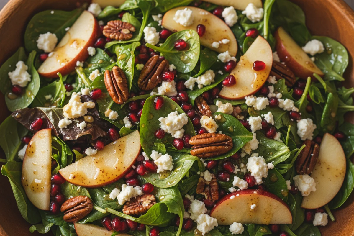 An overhead view of a colorful fall salad with pomegranate seeds and feta cheese.