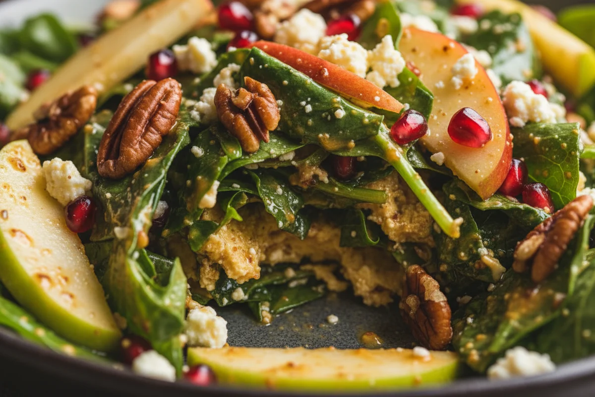 A close-up of the apple and pecan salad drizzled with a light vinaigrette dressing.