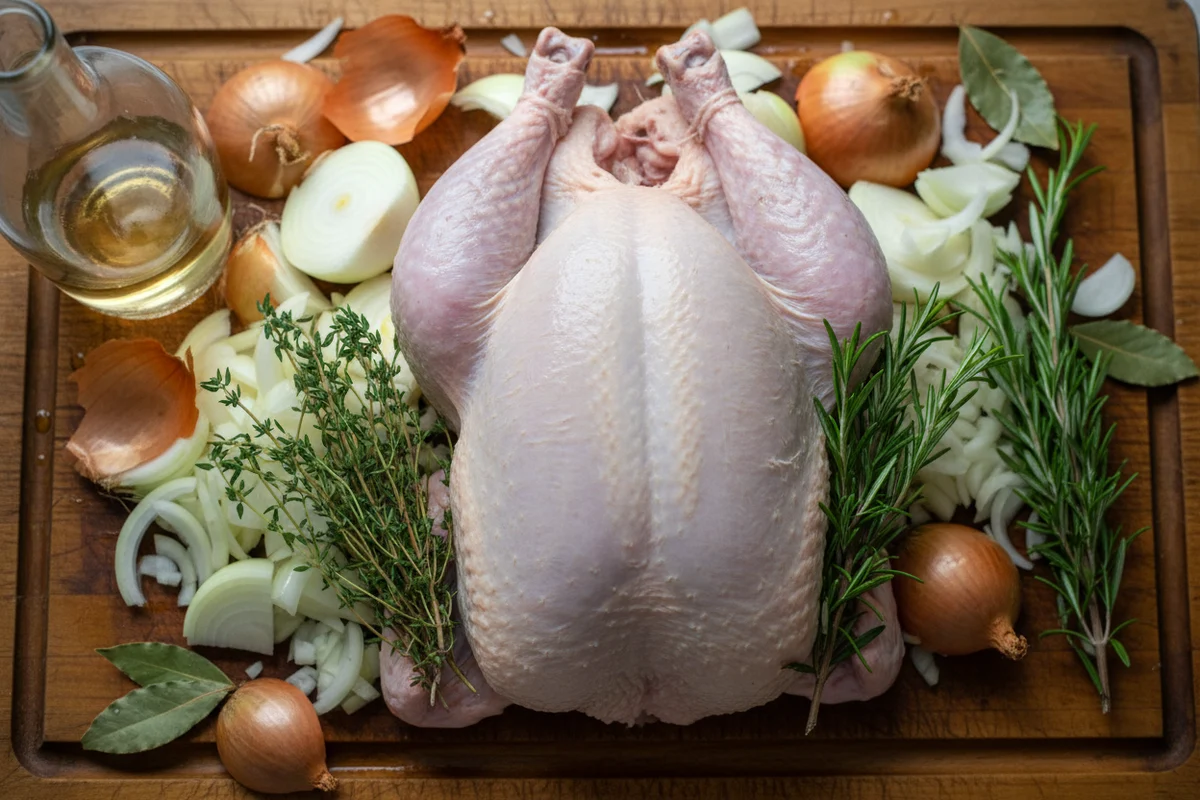 A whole raw turkey on a baking sheet, seasoned with salt and pepper for dry brining.