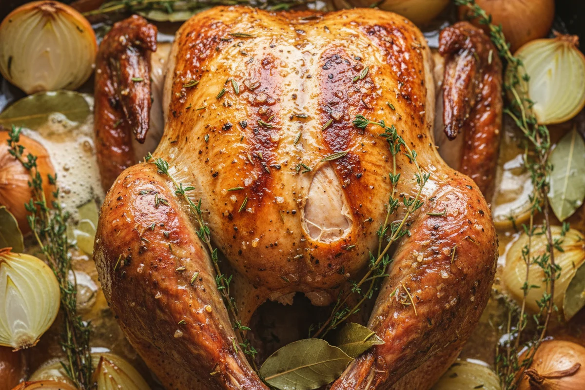 A hand rubbing softened butter all over the skin of a whole turkey in a roasting pan.