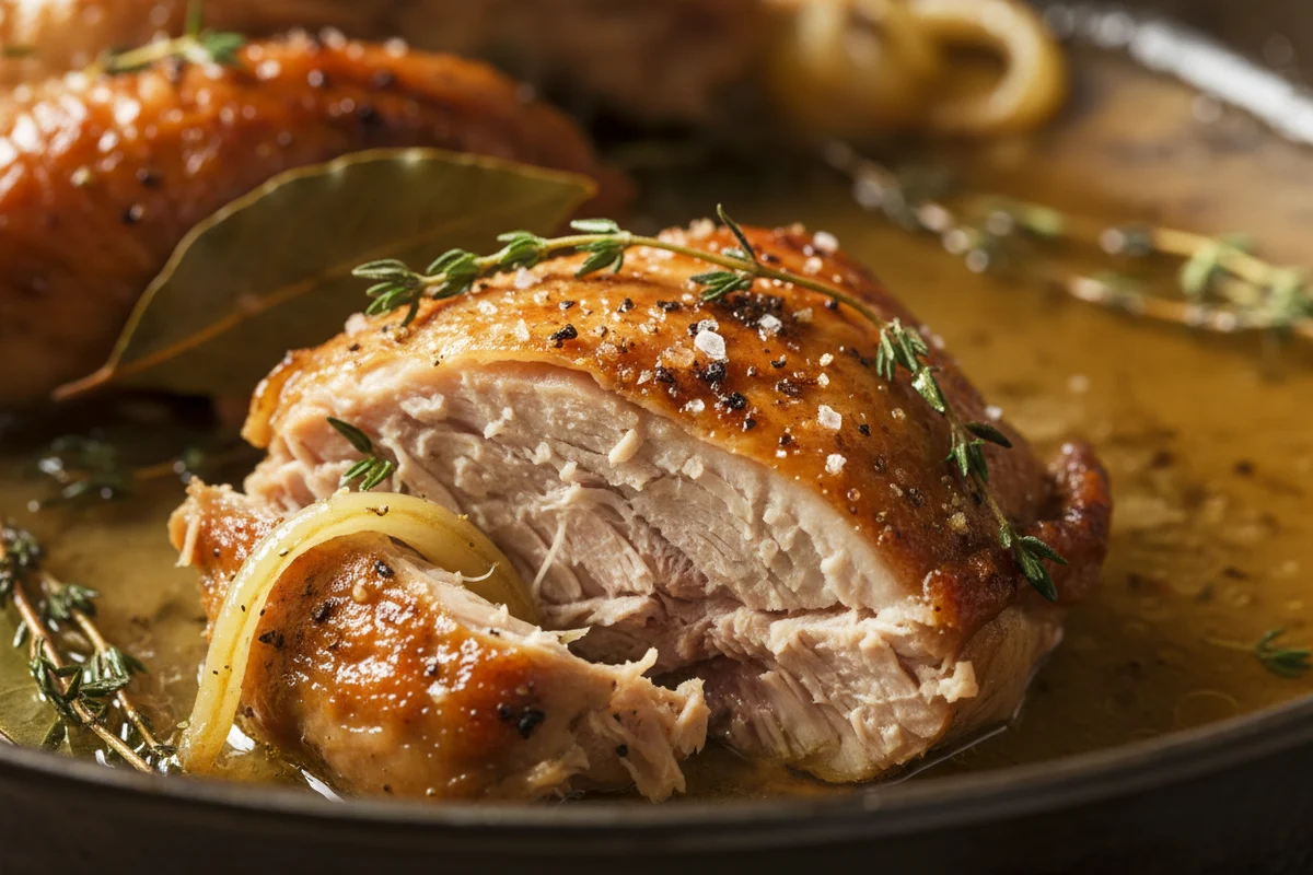 A close-up of a carved Thanksgiving turkey on a white platter, showing juicy breast meat.