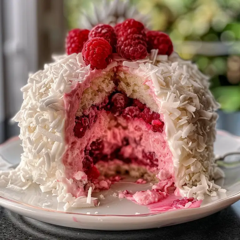 Raspberry Swirl Coconut Snowball Cake