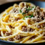 Cheesy Garlic Butter Linguine with Beef Delight