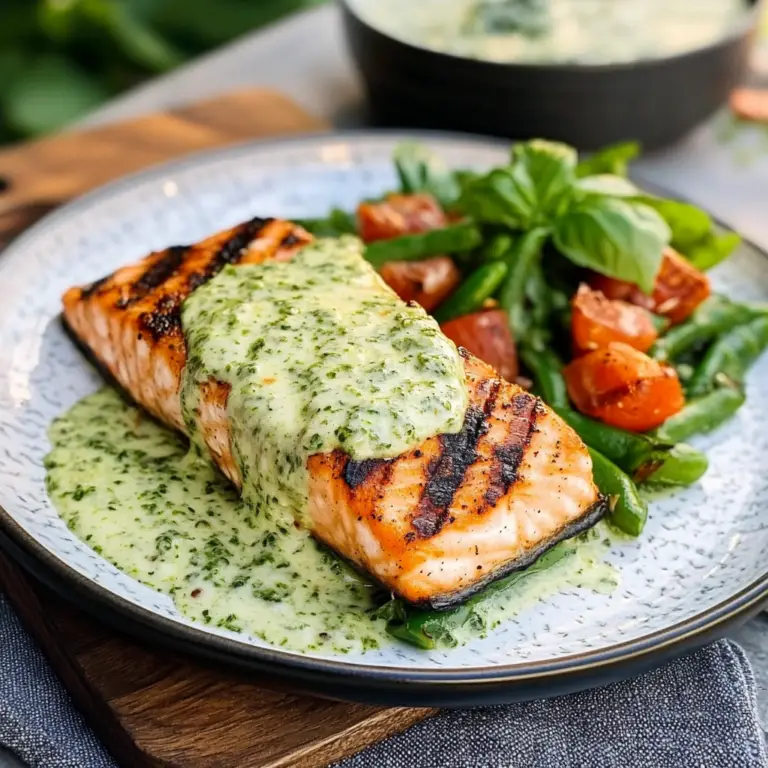 Grilled Salmon with Creamy Pesto Sauce Recipe