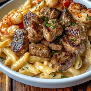 Steak and Shrimp Alfredo Pasta