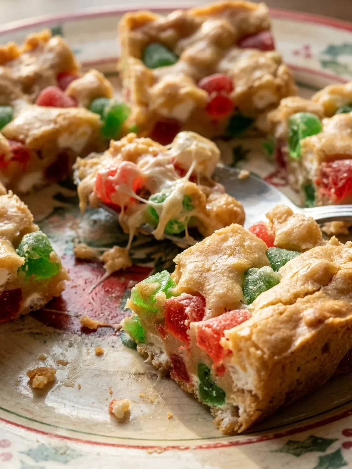 A close-up of several squares of white Christmas candy with colorful candy pieces inside.