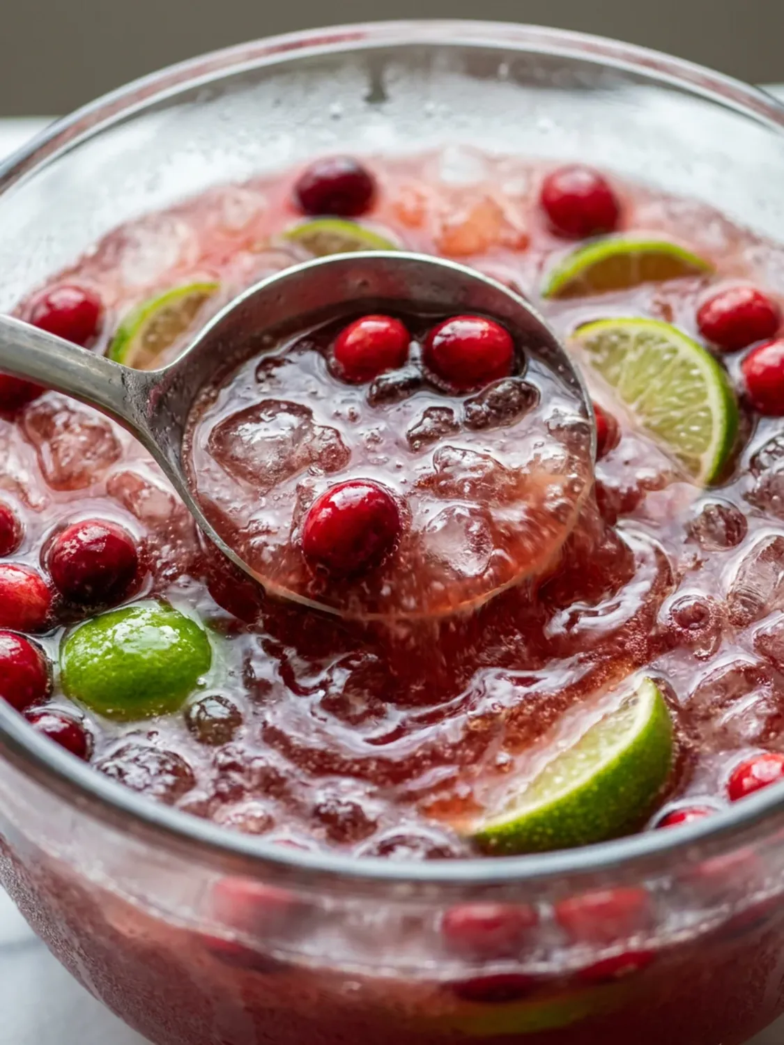 A hand pouring ginger ale from a bottle into a punch bowl with red juice.