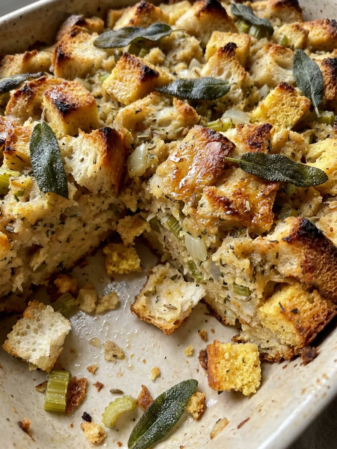 A hand uses a spoon to gently mix bread cubes with a savory milk mixture in a bowl.