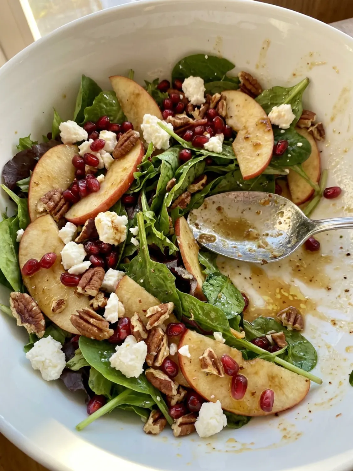 A close-up of the apple and pecan salad drizzled with a light vinaigrette dressing.